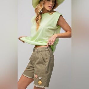 E18. NEW EASEL Shorts Patchwork Embroidered Olive Green Cotton Bermuda NWT